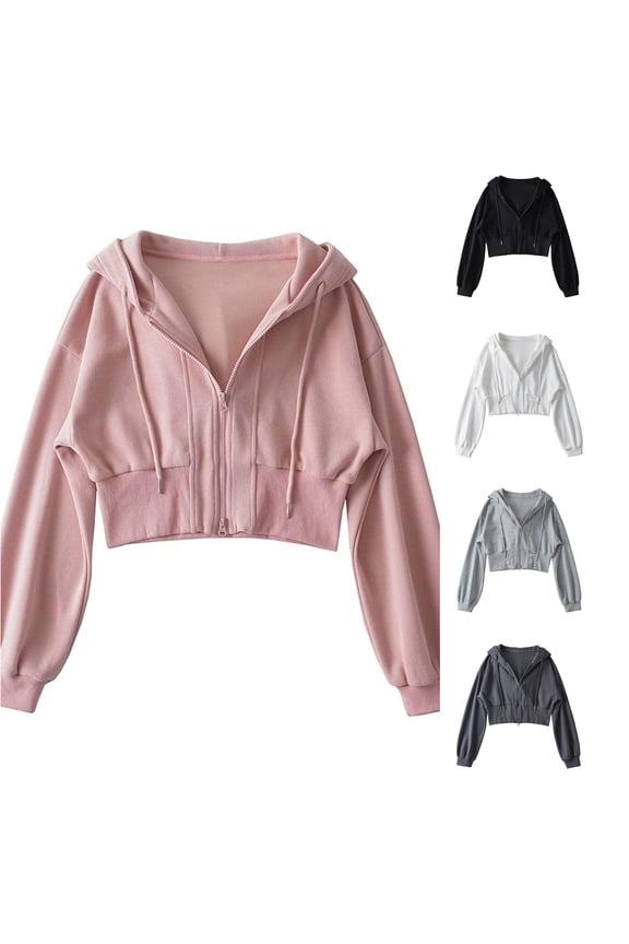 Double Zip Cropped Hoodie Women's Drawstring Bubble Sleeve Terry Cloth Layering Jacket 1PC M-XL Plus Size Friendly