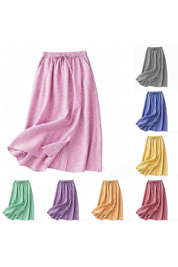Drawstring Elastic High Waist Gingham Linen Blend A-Line Midi Skirt Women Flowy Casual Long Skirt 1PC M-XXL Plus Size Friendly