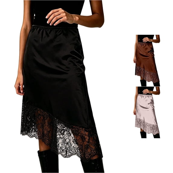 Jane Wardrobe Elastic Waist Satin Asymmetrical Midi Skirt Women Floral Lace Hem Layered Glossy Acetate Skirt 1PC S-L Plus Size Friendly