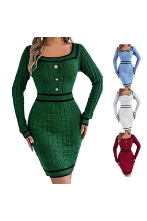 Fall Sweater Dress Women Square Neck Cable Knit Long Sleeve Striped Bodycon Midi Dress Button Detail 1 Pack S-XXL Plus Size Friendly
