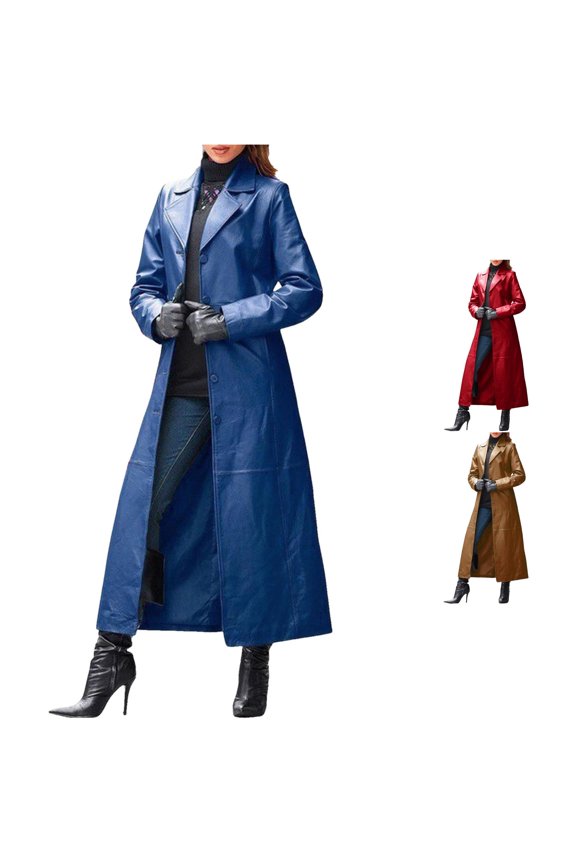 Leather Long Trench Coat for Women, Notched Lapel Button Front, Elegant Moto Style Outerwear, 1 Piece, S-4XL, Plus Size Friendly