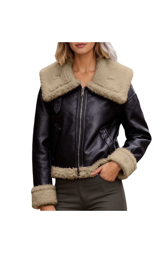 Faux Shearling Trim Leather Moto Jacket for Women, Wide Collar Long Sleeve Zip Up, Cropped Winter Outerwear, 1 Piece, S-XL
