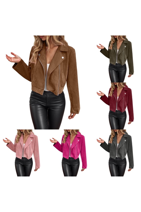 Suede Moto Biker Jacket for Women, Lapel Collar Asymmetric Zip, Slim Fit Cropped Fall Outerwear, 1 Piece, S-XXL, Plus Size Friendly