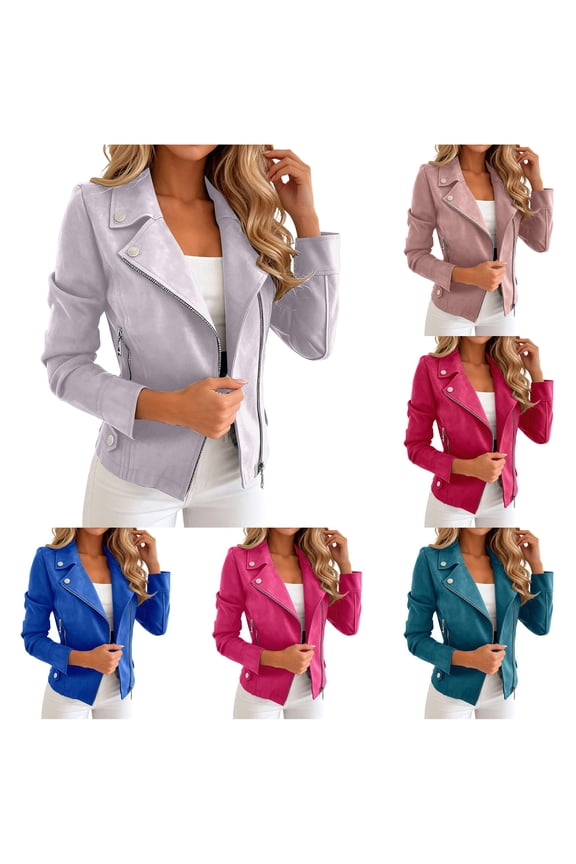 Faux Suede Moto Jacket for Women, Slim Fit Asymmetric Zip, Button Accent Casual Outerwear, 1 Piece, S-XXL, Plus Size Friendly