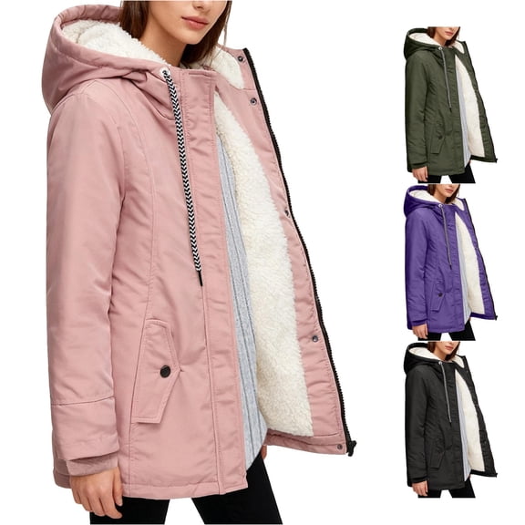 Jane Wardrobe Lined Hooded Windproof Jacket for Women, Full Zip Casual Water Resistant Outerwear, Cotton Feel Winter Coat, 1 Piece, S-XXL, Plus Size Friendly