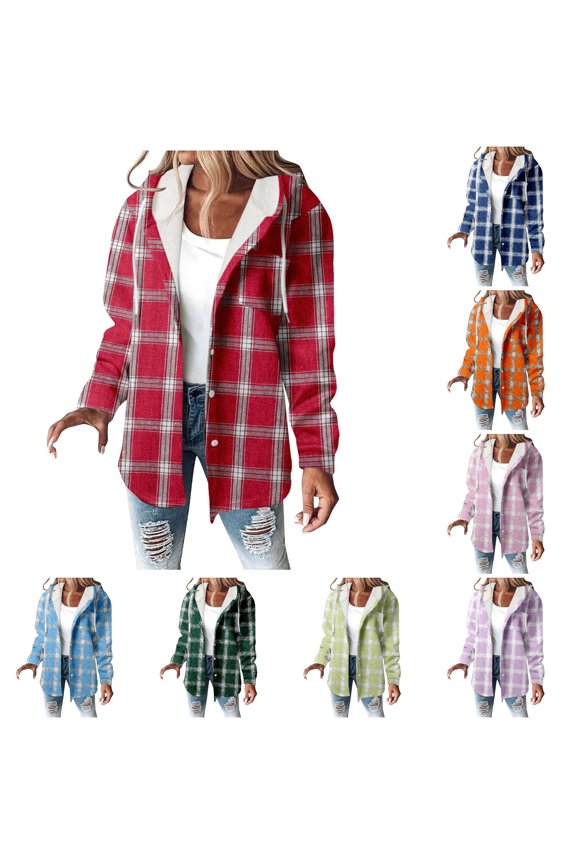 Lined Plaid Hooded Shacket for Women, Button Front Curved Hem, Casual Fall Winter Fashion Outerwear, 1 Piece, S-3XL, Plus Size Friendly