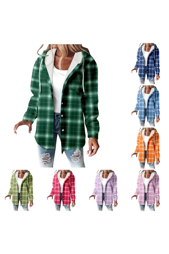 Fleece Lined Plaid Hooded Shacket for Women, Button Front Loose Fit, Bright Casual Fall Winter Outerwear, 1 Piece, S-3XL, Plus Size Friendly