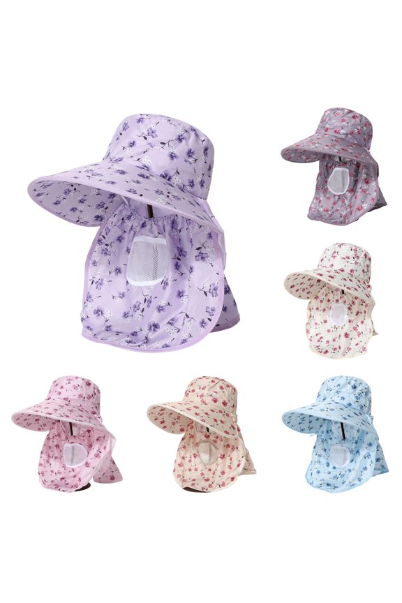 Floral Print Full Coverage Sun Hat for Women, Wide Brim with Face Neck Flap, Ice Silk Breathable Summer Hat, 1 Piece, One Size