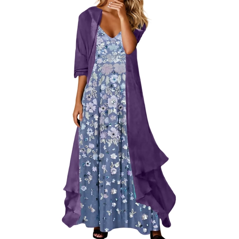 maxi dress and duster set Jane Wardrobe Floral Sequin Maxi Dress Set, V Neck Spaghetti Strap Dress  With Ruffle Hem Duster Cardigan, Purple Wedding Guest Formal Outfit, 2  Piece,