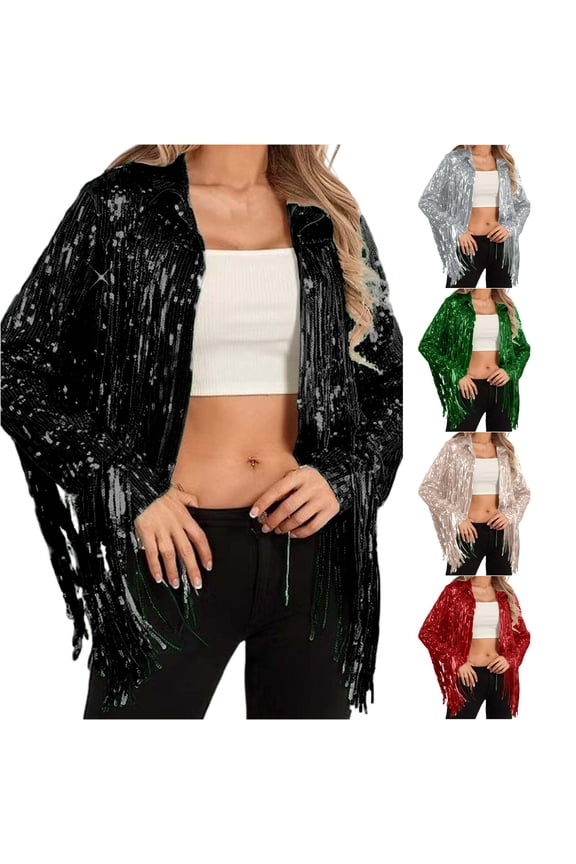 Fringe Sequin Open Front Jacket for Women, Collared Long Sleeve, Sparkly Party Outerwear, 1 Piece, S-3XL, Plus Size Friendly