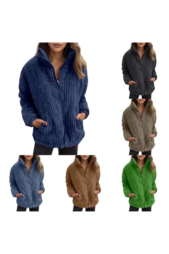 Fuzzy Ribbed Fleece Stand Collar Jacket for Women, Full Zip Long Sleeve with Pockets, Casual Fall Winter Outerwear, 1 Piece, S-5XL, Plus Size Friendly