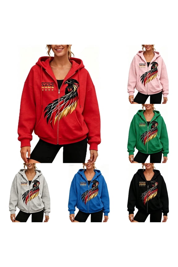 German Eagle Flag Graphic Zip Up Hoodie Women's Drawstring Pocket Oversized Fleece Layering Jacket 1PC S-XXXXL Plus Size Friendly