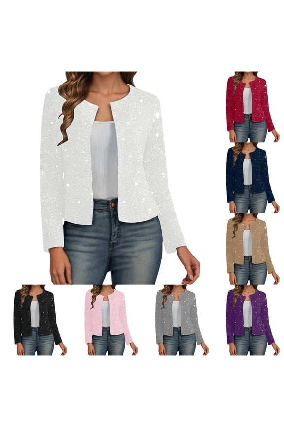 Glitter Sparkle Open Front Cardigan for Women, Long Sleeve Cropped, Shiny Metallic Party Outerwear, 1 Piece, S-XXL, Plus Size Friendly
