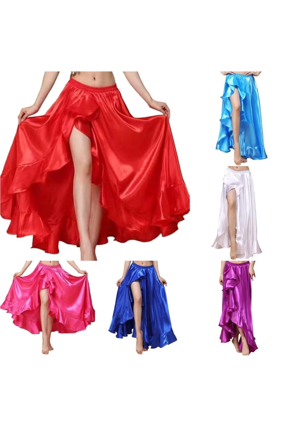 Glossy Satin Ruffle Split Maxi Skirt Women Elastic Waist Belly Dance Performance Practice Bottom 1PC M-L