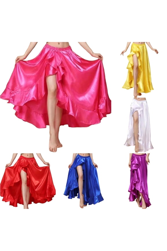 Glossy Satin Ruffle Split Maxi Skirt Women Elastic Waist Belly Dance Performance Practice Costume Bottom 1PC M-L