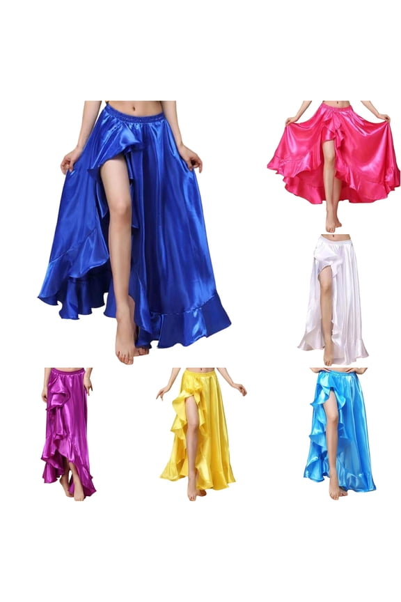 Glossy Satin Ruffle Split Maxi Skirt Women Elastic Waist Belly Dance Performance Practice Bottom 1PC M-L
