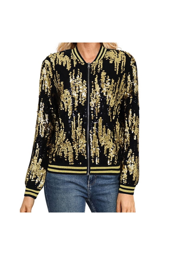 Gold Sequin Bomber Jacket for Women, Varsity Style Short Length, Carnival Party Sparkly Outerwear, 1 Piece, S-XXL, Plus Size Friendly