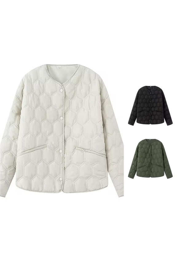 Hexagon Quilted Puffer Jacket for Women, Crew Neck Button Front with Pockets, Lightweight Casual Fall Outerwear, 1 Piece, XS-L