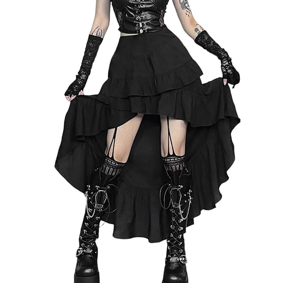 Jane Wardrobe High Low Ruffle Tiered Maxi Skirt Women Mesh Liner Irregular Pirate Long Skirt 1PC S-M-L Plus Size Friendly