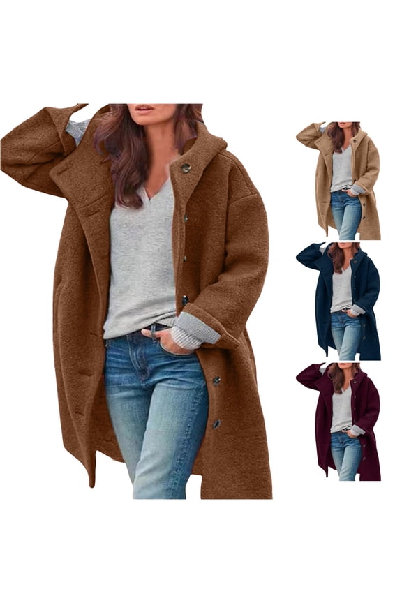 Hooded Wool Look Coat for Women, Button Front Long Sleeve, Elegant Warm Winter Casual Outerwear, 1 Piece, S-3XL, Plus Size Friendly