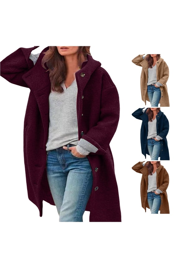 Hooded Wool Look Coat for Women, Button Front Long Sleeve, Elegant Warm Winter Casual Outerwear, 1 Piece, S-3XL, Plus Size Friendly