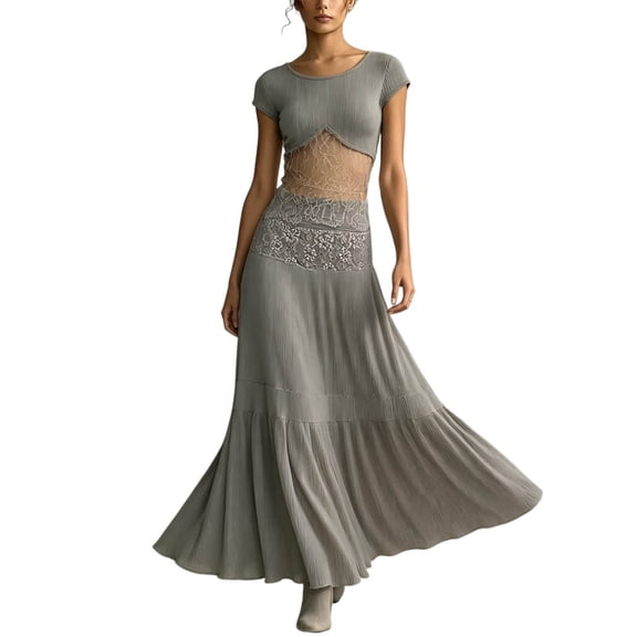 Jane Wardrobe Lace Panel Ribbed Knit Maxi Dress Set, Short Sleeve Cutout Waist Tiered Ruffle Skirt, Grey Black Elegant Evening Outfit, 2 Piece, XS-S-M-L-XL-XXL Plus Size Friendly
