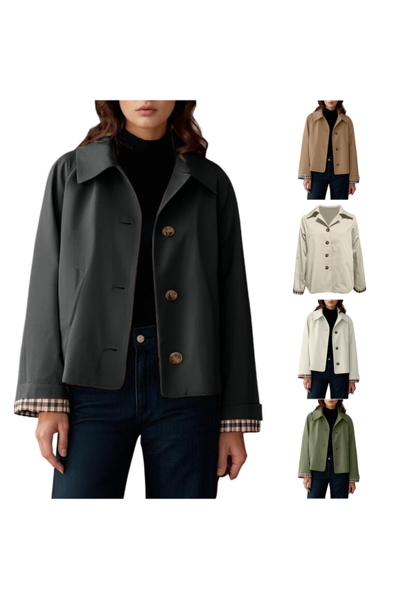 Lapel Button Down Cropped Jacket for Women, Plaid Cuff Detail, Elegant Casual Polyester Outerwear, 1 Piece, S-XXL, Plus Size Friendly