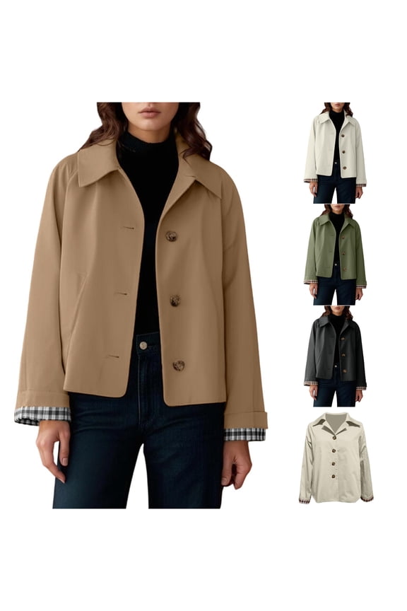 Lapel Button Down Cropped Jacket for Women, Plaid Detail, Elegant Casual Polyester Outerwear, 1 Piece, S-XXL, Plus Size Friendly