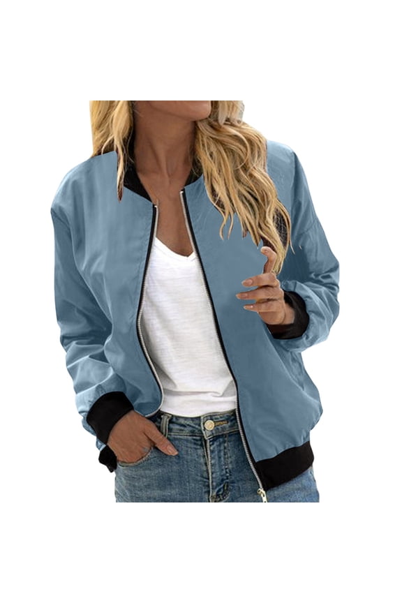 Lightweight Zip Up Bomber Jacket for Women, Ribbed Trim Side Pockets, Casual Long Sleeve Outerwear, 1 Piece, S-XXL, Plus Size Friendly