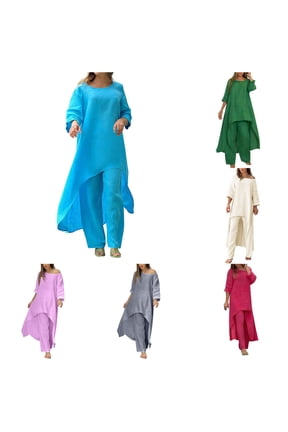 Linen Blend Asymmetrical 2 Piece Set for Women, Round Neck Long Sleeve Tunic with Wide Leg Pants, Fall Casual Outfit, 2 Piece, S-XXL Plus Size Friendly