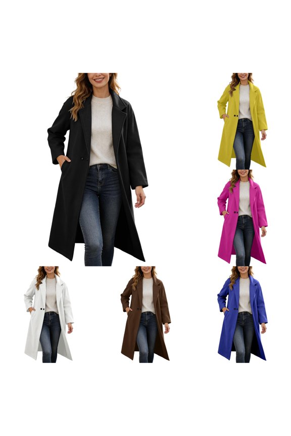 Long Notched Lapel Wool Blend Overcoat, Solid Two Button Loose Trench Outerwear, Warm Fall Winter Coat, 1 Piece, S-XXL Plus Size Friendly