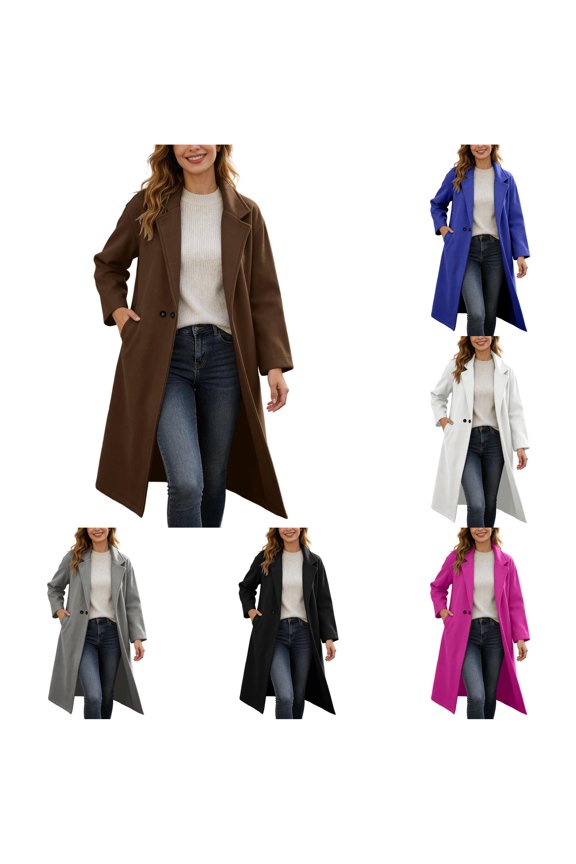 Long Notched Lapel Wool Blend Overcoat, Solid Two Button Loose Trench Outerwear, Warm Fall Winter Coat, 1 Piece, S-XXL Plus Size Friendly