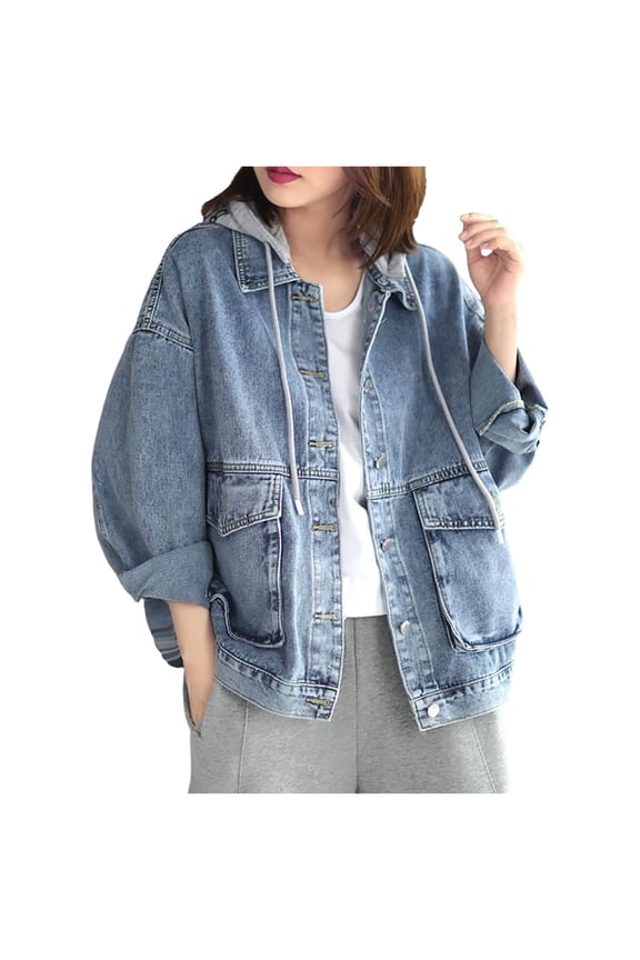 Loose Fit Detachable Hood Denim Jacket Women Casual Sky Blue Cotton Poly Blend Layering Outerwear 1PC S-XL Plus Size Friendly