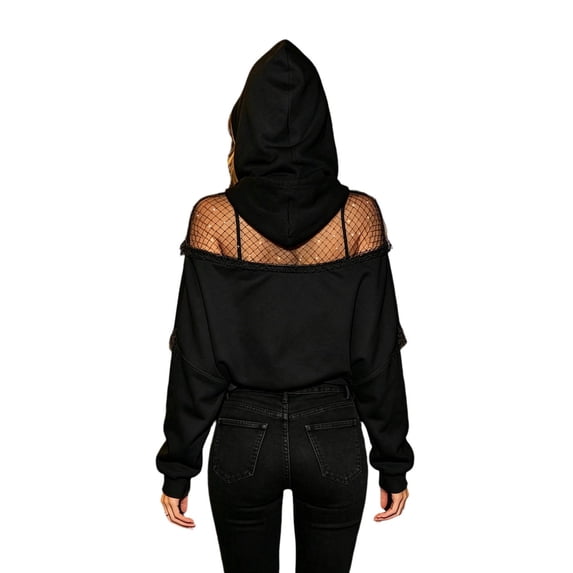 Jane Wardrobe Mesh Rhinestone Cutout Back Hoodie Women's Oversized Long Sleeve Layering Sweatshirt 1PC S-XXL Plus Size Friendly