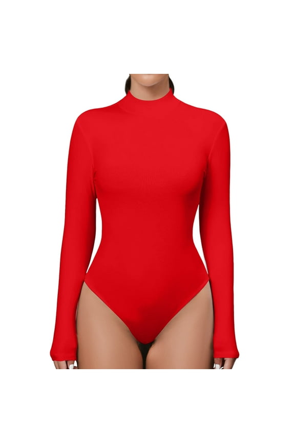 Neck Long Sleeve Bodysuit, Ribbed Knit Form Fitting Basic Top, Stretchy Nylon Spandex One Piece, 1 Piece, S-M-L-XL-XXL-XXXL Plus Size Friendly