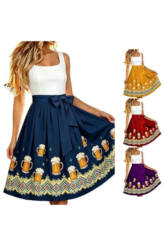 Oktoberfest Mug Border Print Pleated Midi Apron Skirt Women Large Matching Bow Four Way Stretch Festival Wrap Skirt One Size 1PC