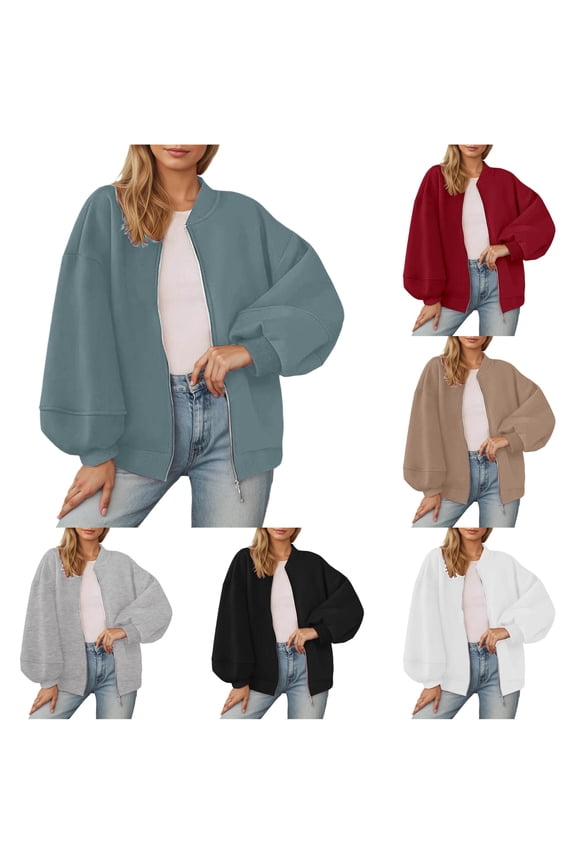 Oversized Lantern Sleeve Bomber Jacket for Women, Full Zip Ribbed Collar, Casual Fall Soft Fleece Outerwear, 1 Piece, S-XXL, Plus Size Friendly