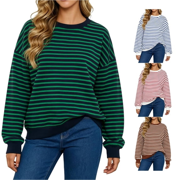 Jane Wardrobe Oversized Striped Crewneck Sweatshirt Women's Balloon Sleeve Layering Pullover 1PC S-XXL Plus Size Friendly