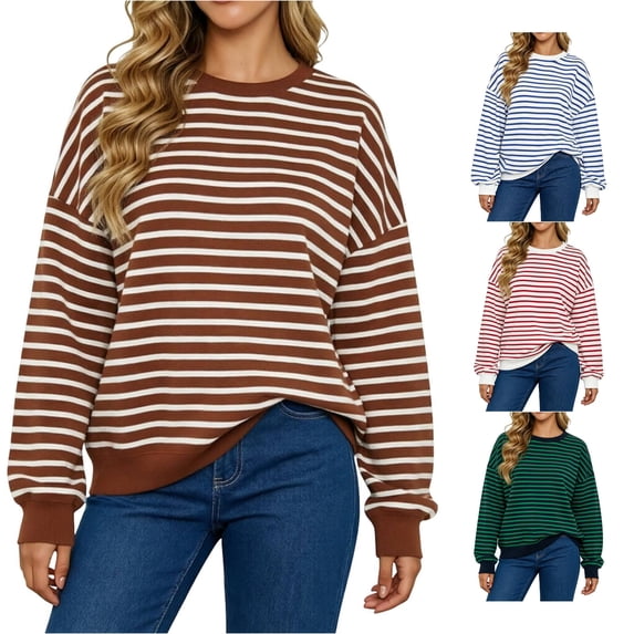 Jane Wardrobe Oversized Striped Crewneck Sweatshirt Women's Balloon Sleeve Layering Pullover 1PC S-XXL Plus Size Friendly