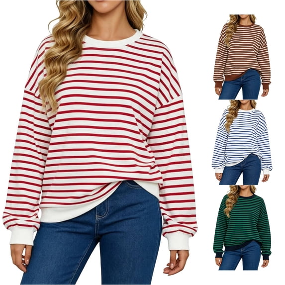 Jane Wardrobe Oversized Striped Crewneck Sweatshirt Women's Balloon Sleeve Layering Pullover 1PC S-XXL Plus Size Friendly