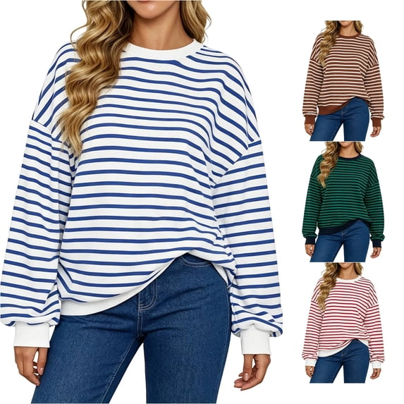 Jane Wardrobe Oversized Striped Crewneck Sweatshirt Women's Balloon Sleeve Layering Pullover 1PC S-XXL Plus Size Friendly
