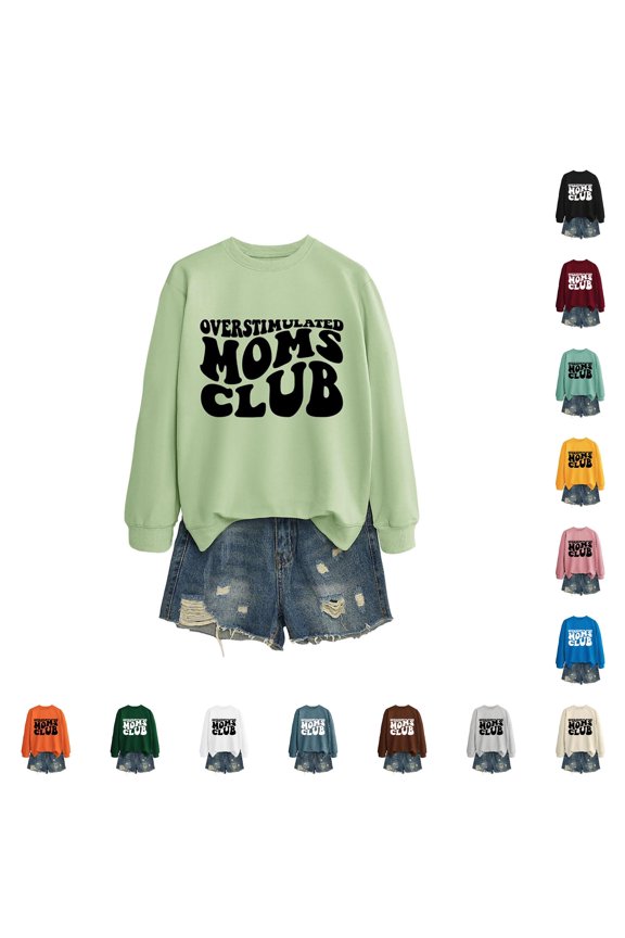 Overstimulated Moms Club Bubble Letter Crewneck Sweatshirt Women's Oversized Mom Life Fall Winter Layering Long Sleeve Pullover 1PC S-XXL Plus Size Friendly