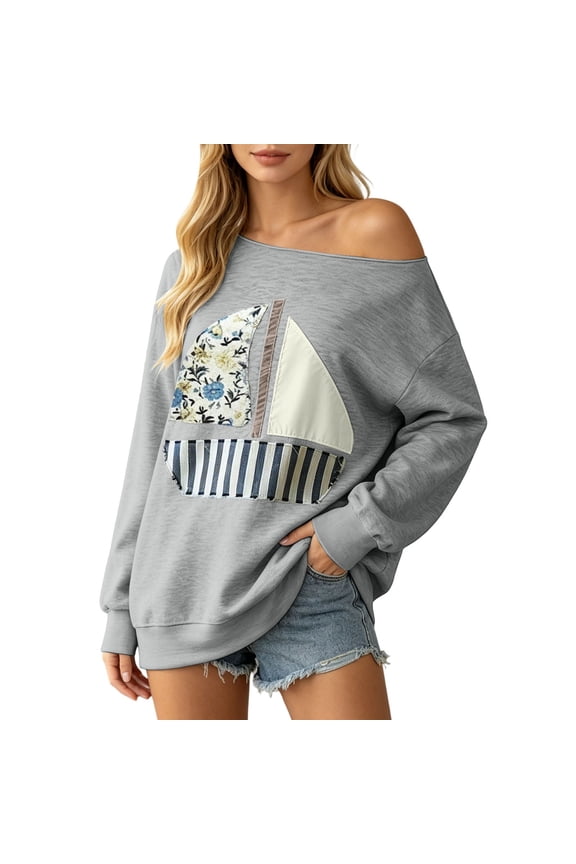 Patchwork Sailboat Off Shoulder Sweatshirt Women's Oversized Two-Wear Long Sleeve Nautical Layering Pullover 1PC S-XXL Plus Size Friendly