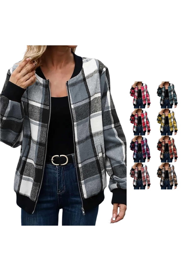 Plaid Flannel Bomber Jacket for Women, Zip Up Long Sleeve with Side Pockets, Casual Fall Layering Outerwear, 1 Piece, S-XXL, Plus Size Friendly