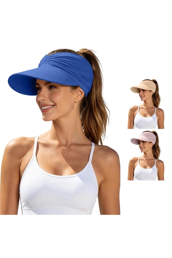 Ponytail Sun Visor Hat for Women, Wide Brim Ruched Design, UPF 50+ UV Protection Summer Hat, 1 Piece, One Size