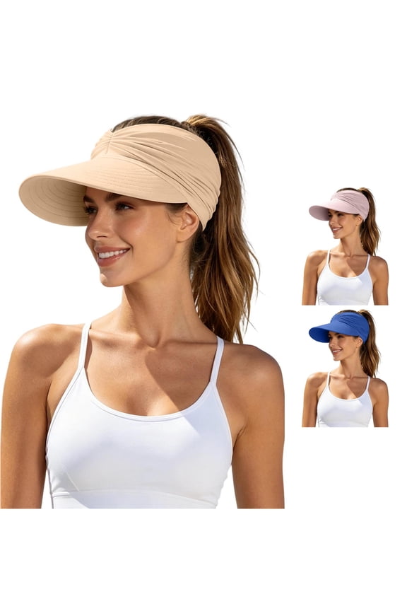Ponytail Sun Visor Hat for Women, Wide Brim Ruched Design, UPF 50+ UV Protection Summer Hat, 1 Piece, One Size