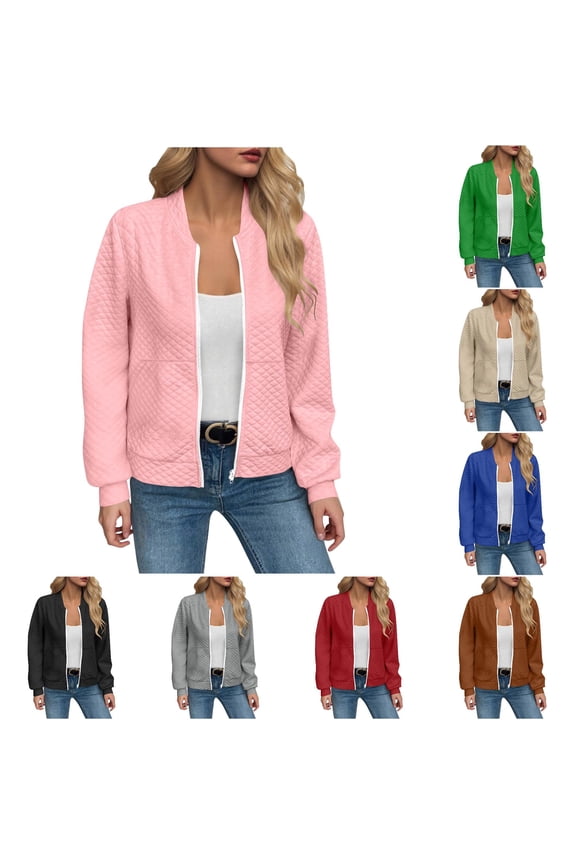 Quilted Waffle Knit Bomber Jacket for Women, Stand Collar Full Zip Long Sleeve, Casual Fall Lightweight Outerwear, 1 Piece, S-XXL, Plus Size Friendly
