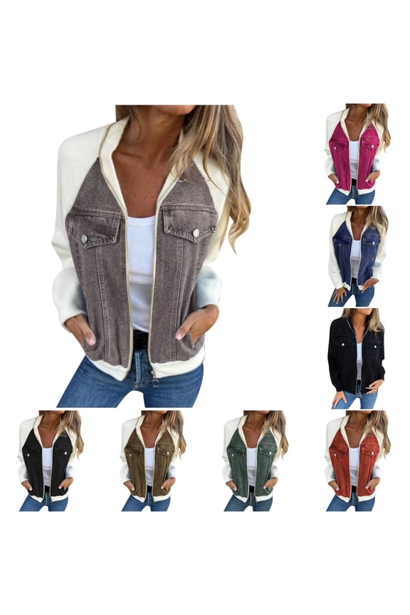 Raglan Patchwork Zip Up Denim Jacket Women Stand Collar Loose Fall Winter Layering Outerwear 1PC S-XXL Plus Size Friendly