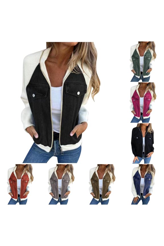 Raglan Patchwork Zip Up Denim Jacket Women Stand Collar Loose Fall Winter Layering Outerwear 1PC S-XXL Plus Size Friendly