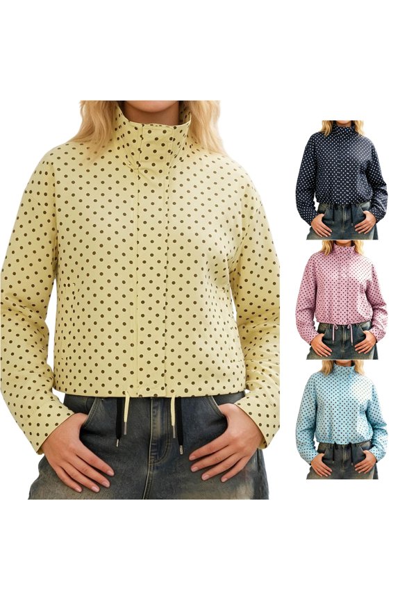 Retro Polka Dot Stand Collar Jacket for Women, Drawstring Hem, Long Sleeve Cropped Casual Polyester Outerwear, 1 Piece, S-L